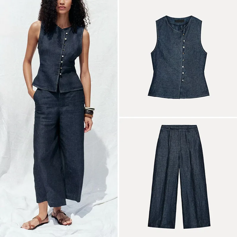 

Z 2025 Summer New Women's Sle Double-breasted Vest Wide Leg Pants Faion Set Polyester Fiber ort Sve round Ne