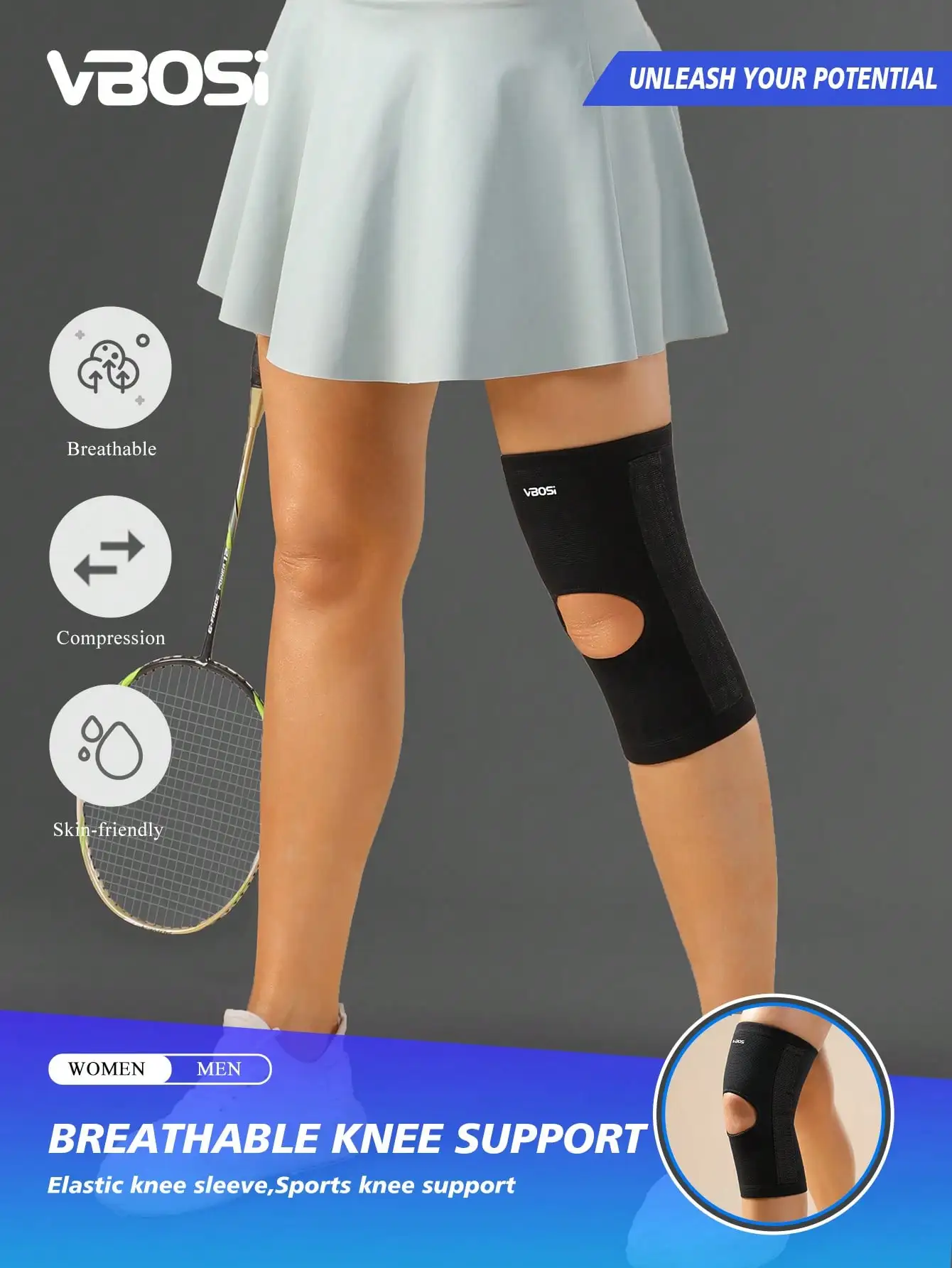 

VBOSI 1pc Elastic Breathable Unisex Knee Sleeve With Spring Support, Fitness Accessories, Sports Knee Pad, Gym Knee Pad