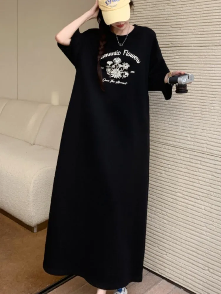 Mozigda Summer Loose Print T Shirt Dress Donna Elegante Vintage Nero Coreano Abito da donna Abiti