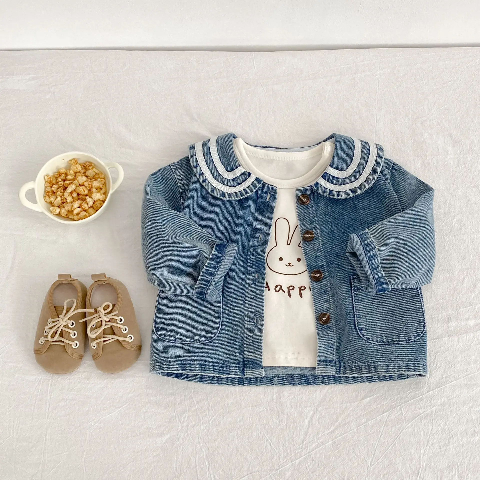 2025 Fall Korean Style Infant Toddler Girls Denim Jacket with Sailor Collar and Ribbon Trim Casual Outerwear