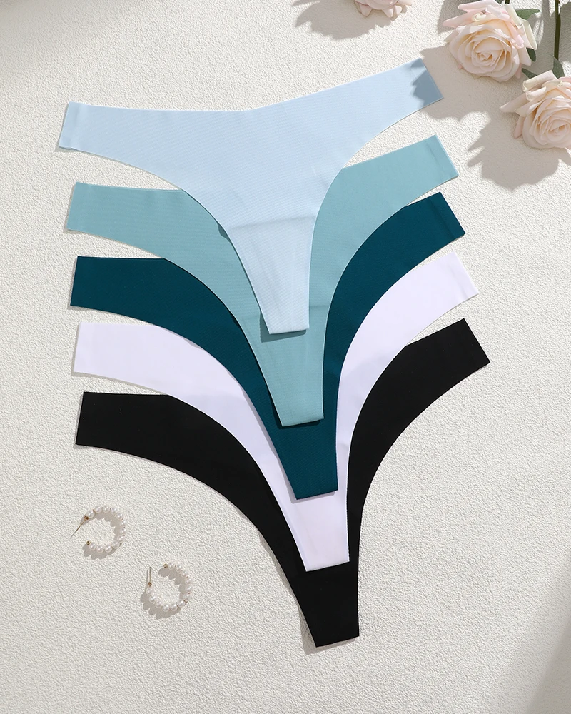 FINETOO 5PCS Seamless Thong Women Ice Silk T-back Intimate Solid Breathable Crotch Briefs Sexy Tanga Multiple 8 Color Lingerie