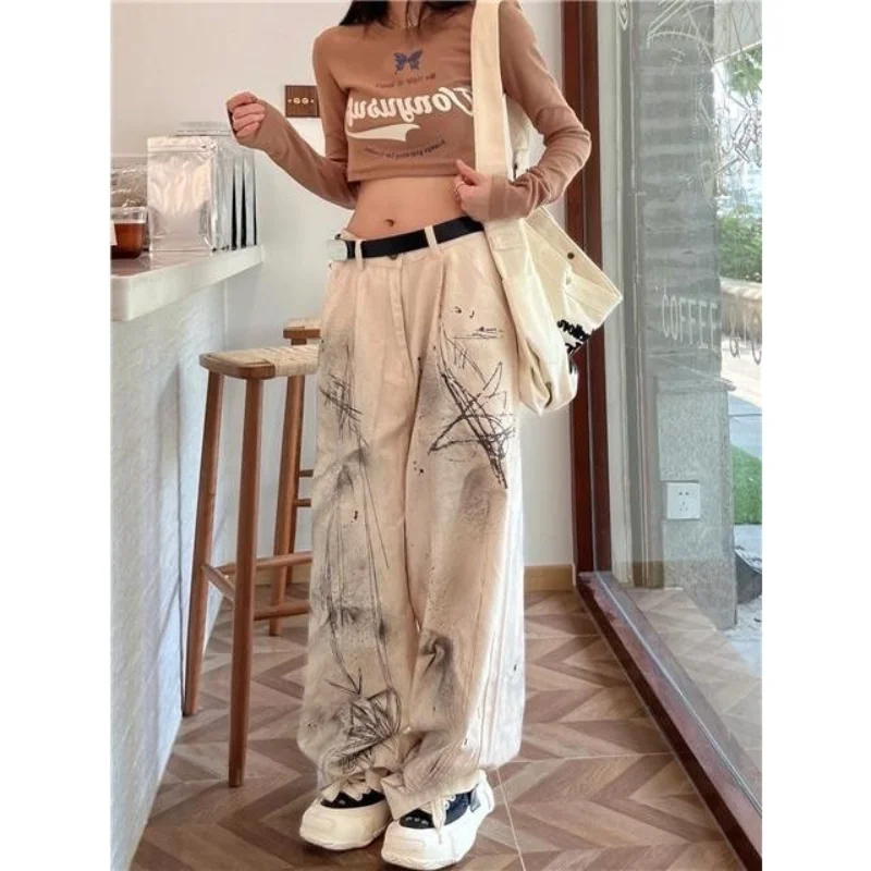 

Plus-size 200 Catty New Loose Jeans Women Spring Autumn Fashion Splash Ink Denim Baggy Trousers High-waist Slacks Straight Pants