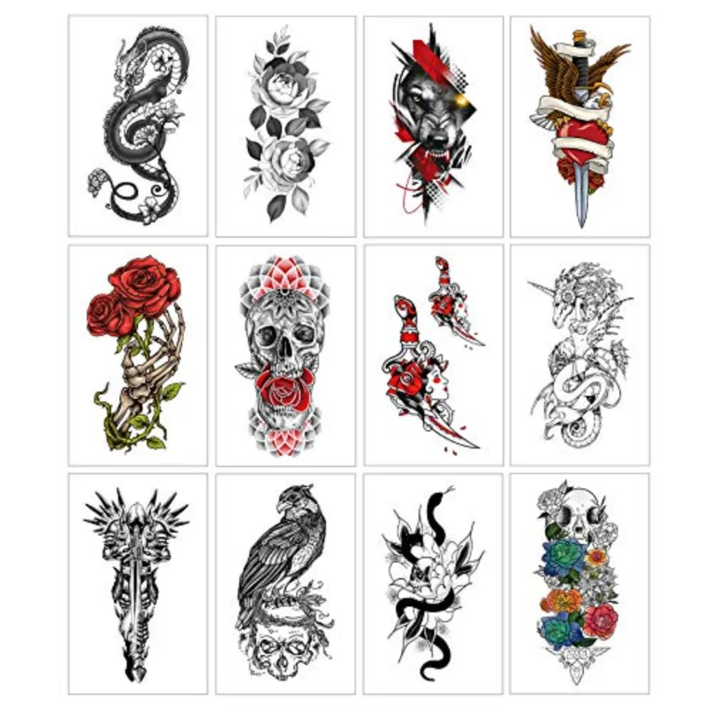 

12 стилей, набор временных тату-наклеек, дракон/роза/волк/череп/орел, многоэлементные водонепроницаемые долговечные поддельные татуировки, наклейки
