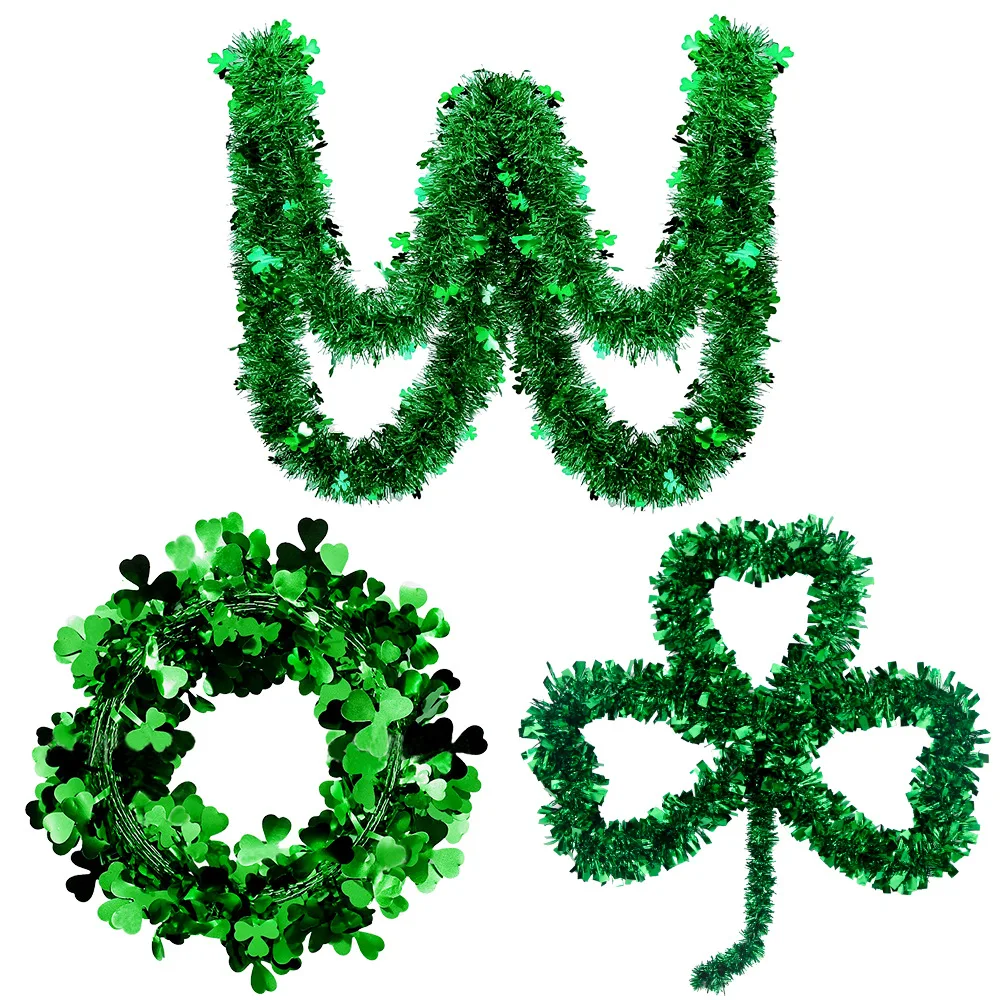 Green Shamrock Wreath for St. Patrick\'s Day Decorations Irish Themed Parties Tinsel Home Party Garland Hanging Decoration