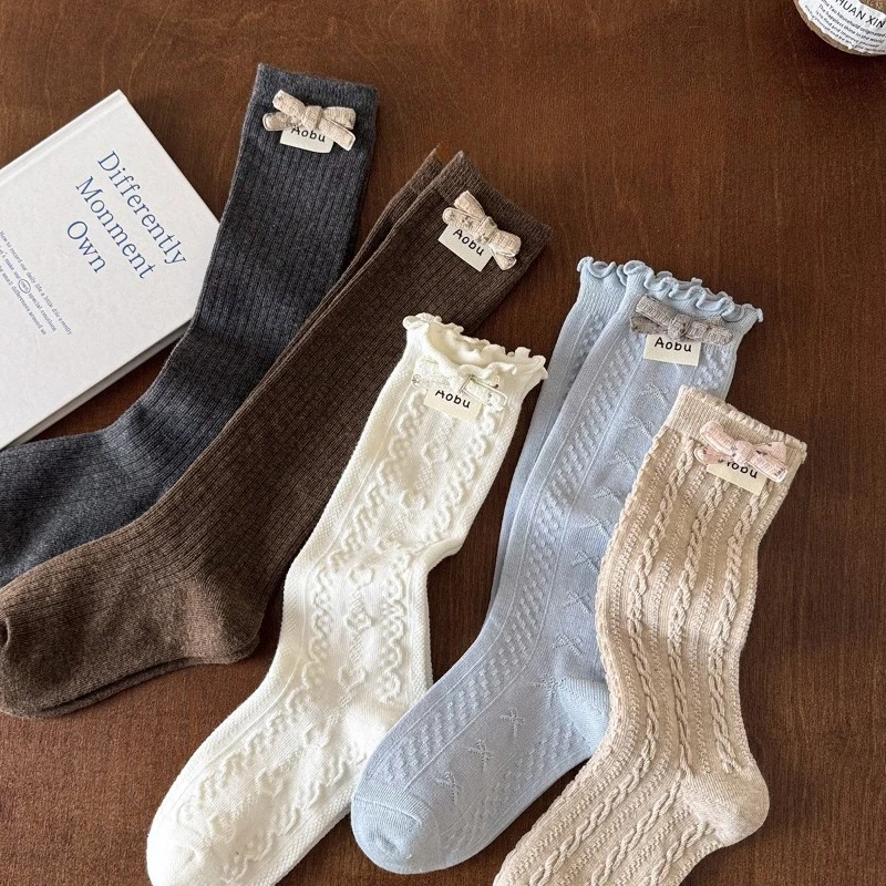 Girls' Cute Bowknot Knee High Socks,Soft Knit Breathable Mid Calf Socks,Sweet Ruffle Socks School Uniform Daily Casual Wear