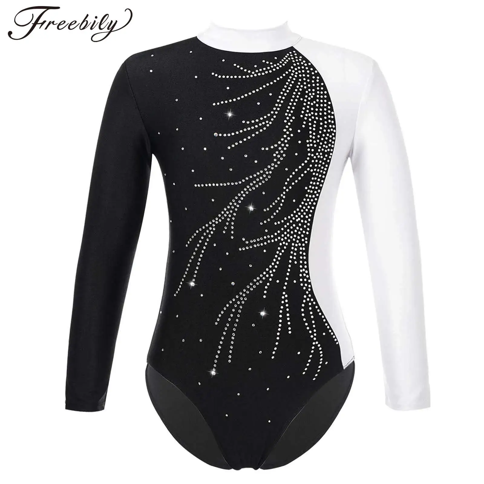 

Children Gymnastics Jumpsuit for Girls Kids Long Sleeve Shiny Rhinestone Ballet Leotard Ice Skating Dance Bodysuit Dancewear