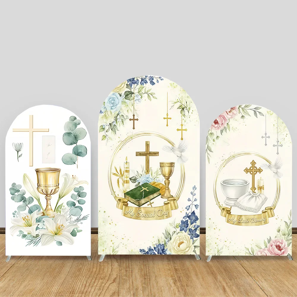 

First Holy Communion Arch Backdrop Cover Wood Cross Baptism Boy Girl Boho Blue Cyan Flowers Party Decor Gold Bless Background