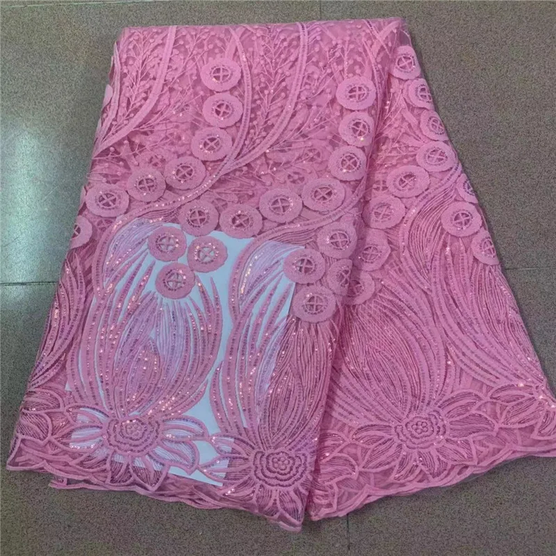 

Pink African Lace Fabric with Sequins, French Tulle Embroidery, Mesh Material for Nigerian Robe, High Quality, 5 Yards, 2023