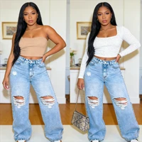 Denim Hole Jeans Women Vintage Wide Leg Pants Streetwear High Waist Washed Distressed