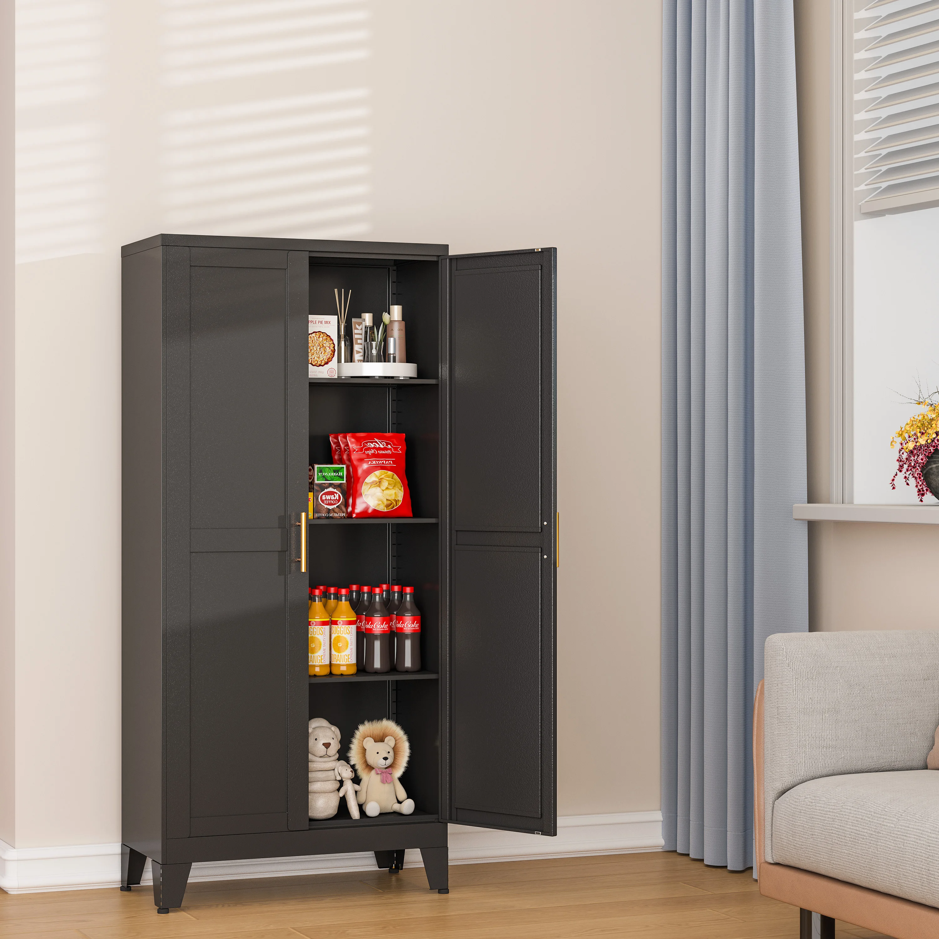 47,2 Zoll hoher Küchenutensilenschrank aus Metall mit 2 Türen und 3 verstellbaren Einlegeböden und Utensilenschrank mit einstellbarer Nivellierung