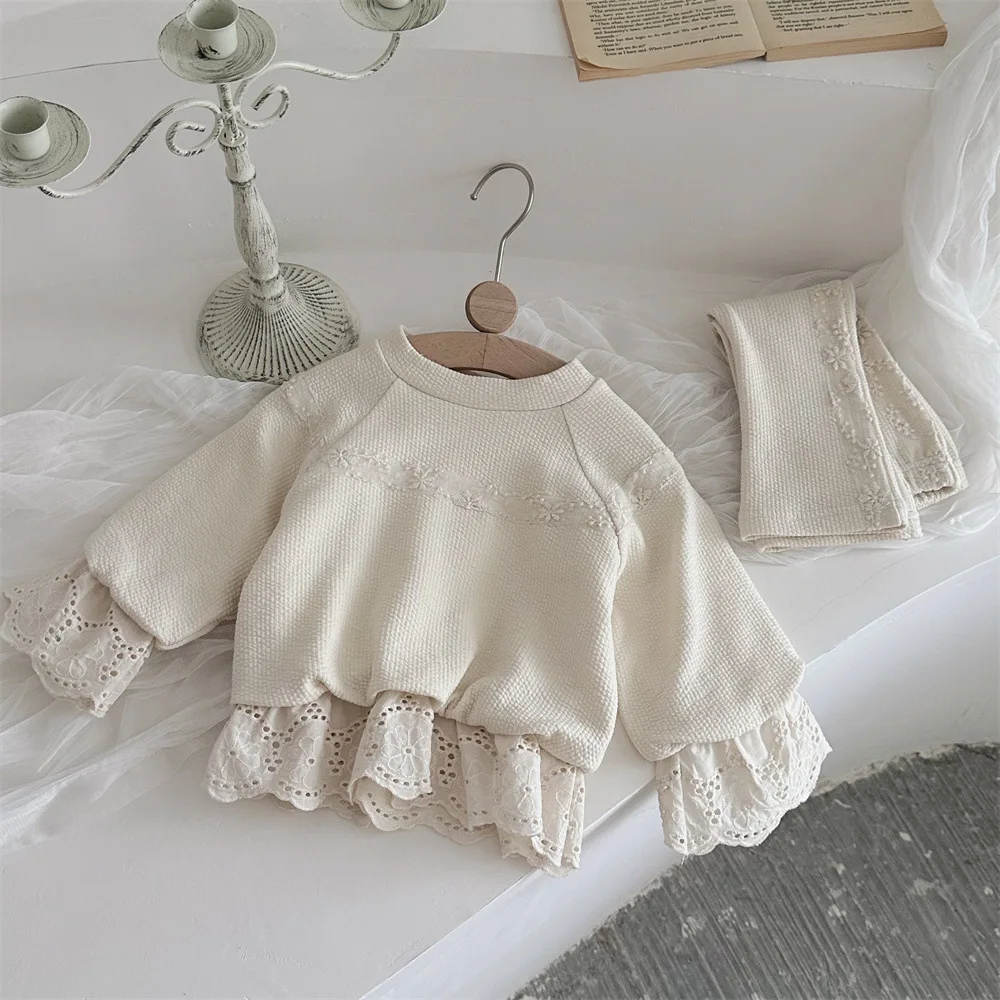 2024 Autumn New Baby Girl Long Sleeve Clothes Set Children Solid Lace Sweatshirt + Pants 2pcs Suit Cotton Toddler Girl Outfits