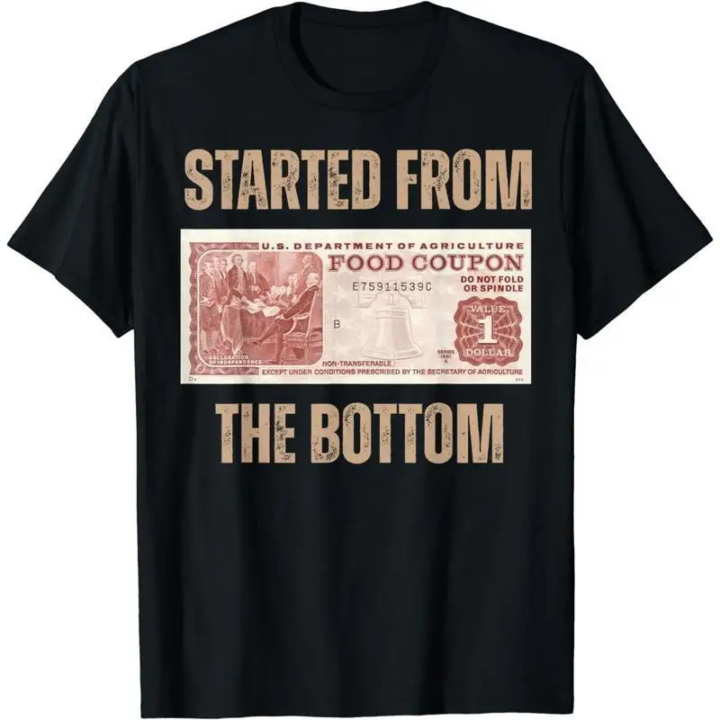 

Men's Started from the Bottom T-shirt Funny Slogan Tee Food Stamp Graphic Top Retro Streetwear
