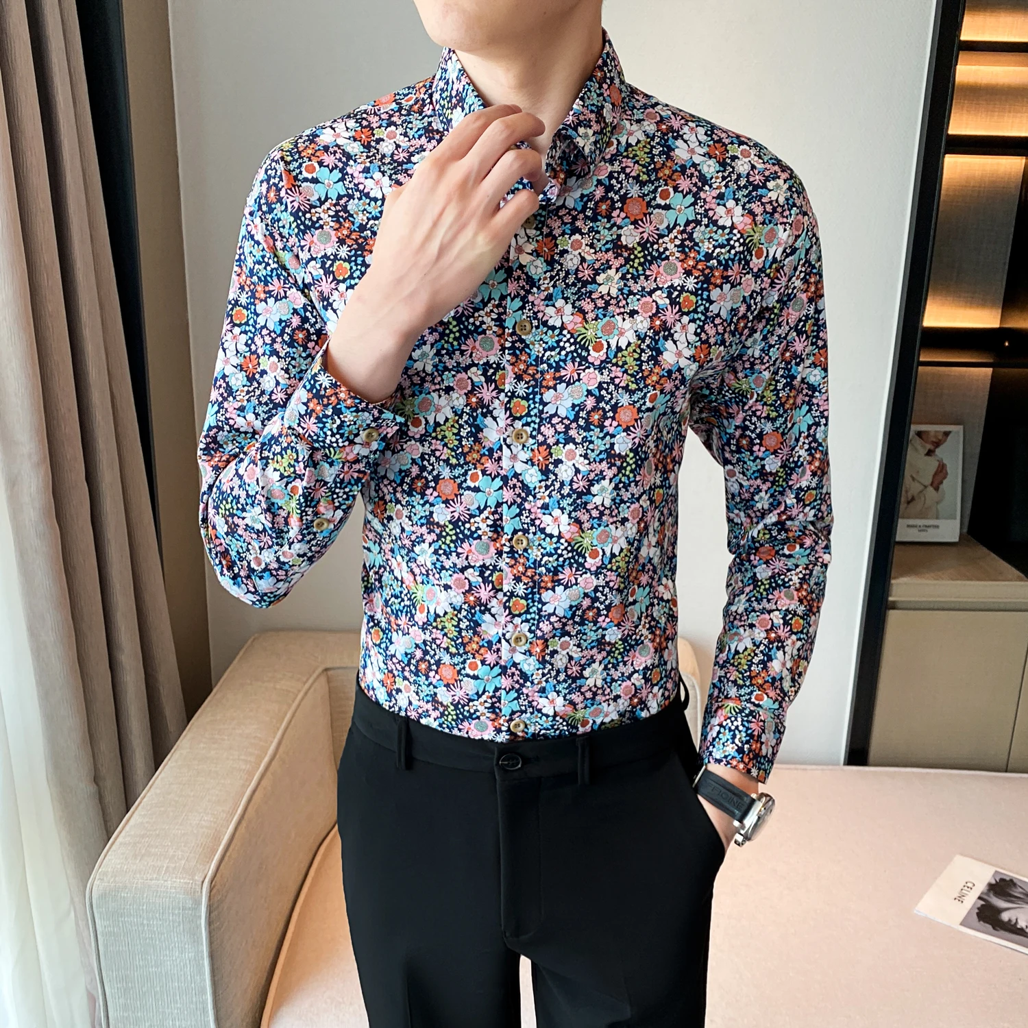 Stylish Colorful Flowers Shirts For Men High Quality Single-breasted Long Sleeve Cotton Shirt Blouses Streetwear Plus Size 5XL-M