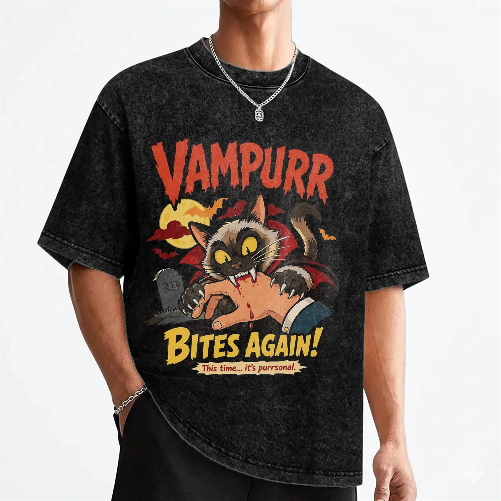 Vampurr Bites Again Halloween Vampire Cat Washed T Shirts Streetwear T-Shirts Tees for Men Women Short Sleeve Street Printed