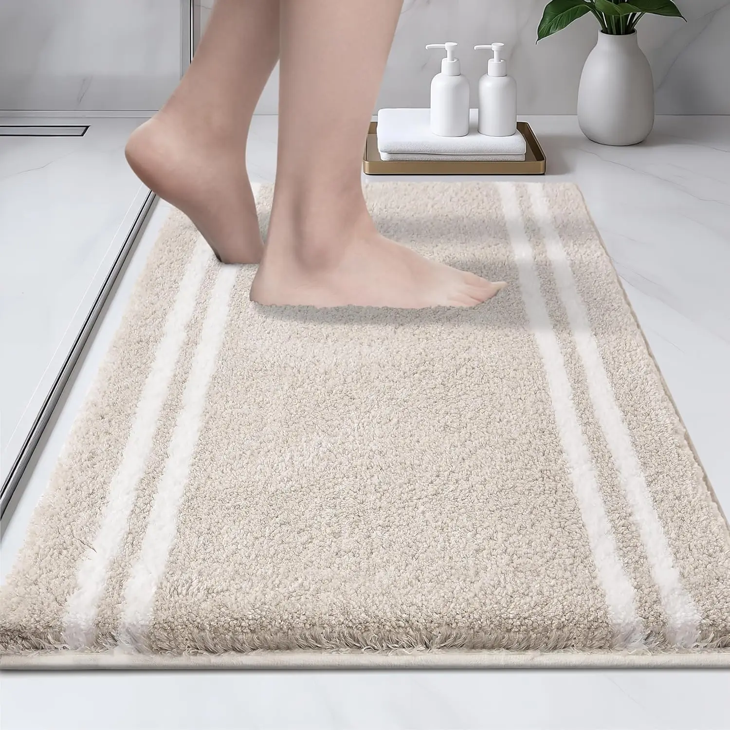 

Non-Slip Bathroom Rug, Super Absorbent Quick Dry Shaggy Microfiber Mat, Soft Plush for Bathtub Shower Sink, Beige