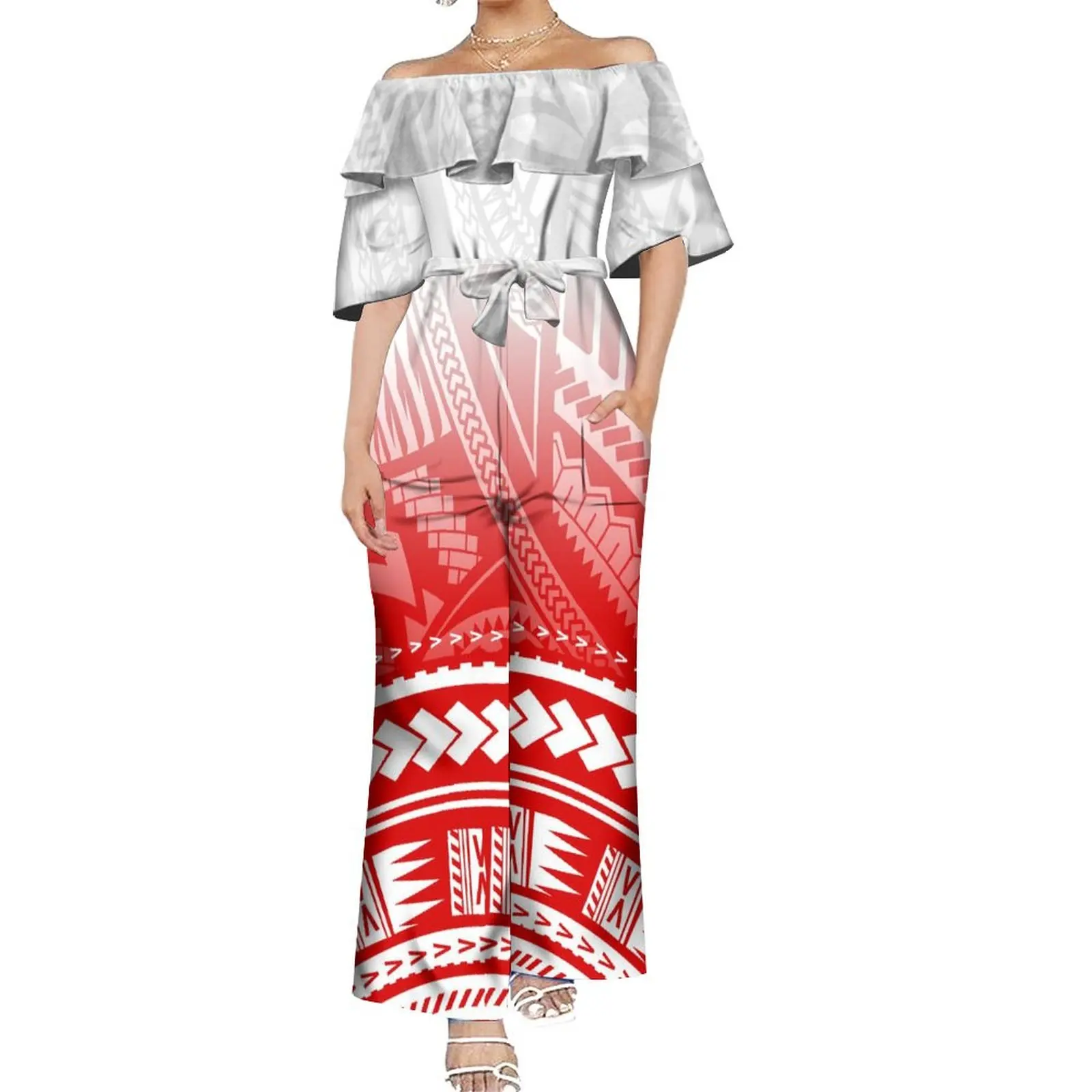 High Quality Summer Polynesian Tribe Design Retro Print Women'S Romper Hawaiian Midi Party Off-The-Shoulder Wide Leg Pants