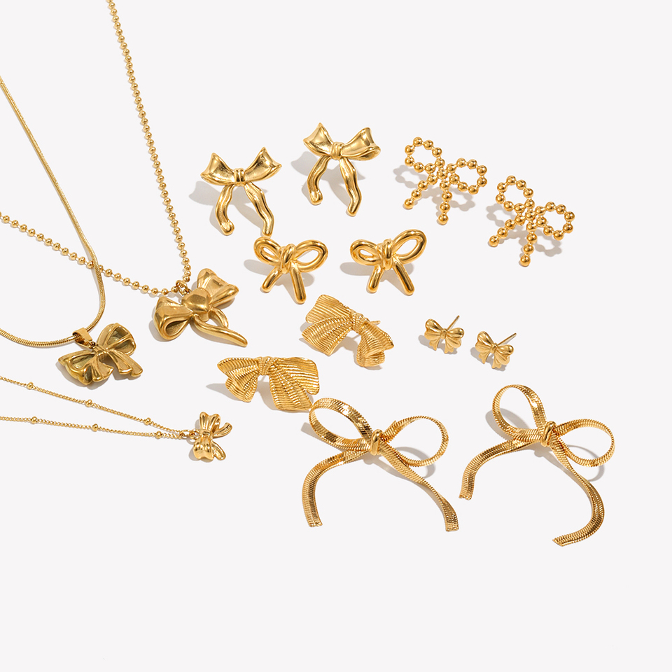  E.B.belle 18K Gold Plated Irregular Bow Stud Earrings Stainless Steel Hypoallergenic Jewelry Sets Elegant Necklace Earrings Set 