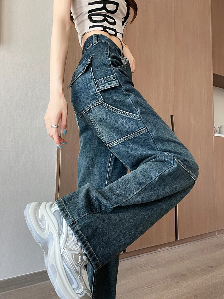 

Широкие брюки прямого кроя с высокой талией, джинсовые рабочие брюки для женщин, весна-осень, свободные брюки High Street Sle