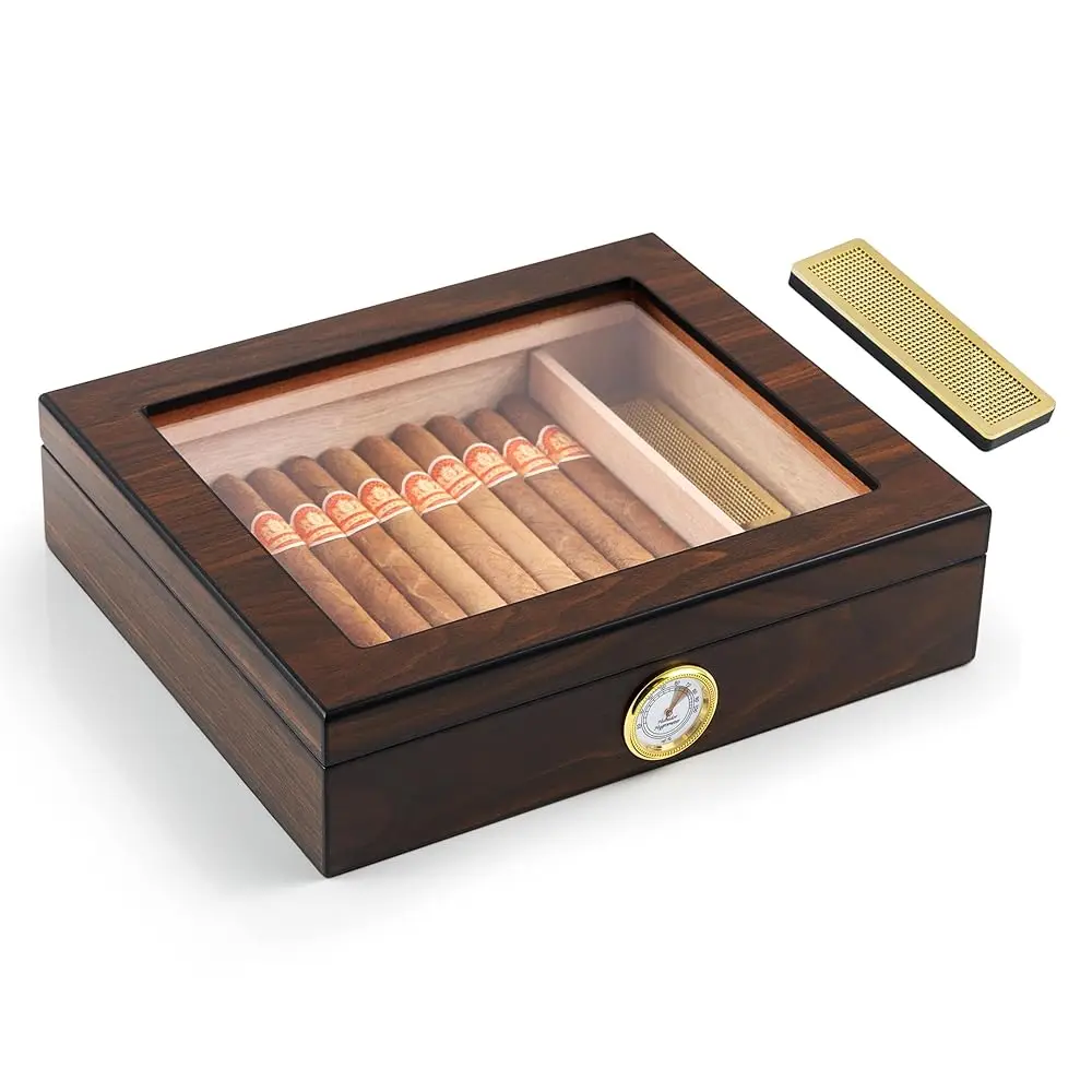 

Cigar Humidor for 25 Counts with Hygrometer, Humidifier, Spanish Cedar Lined and Divider, Walnut Finish, Desktop Cigar Box G