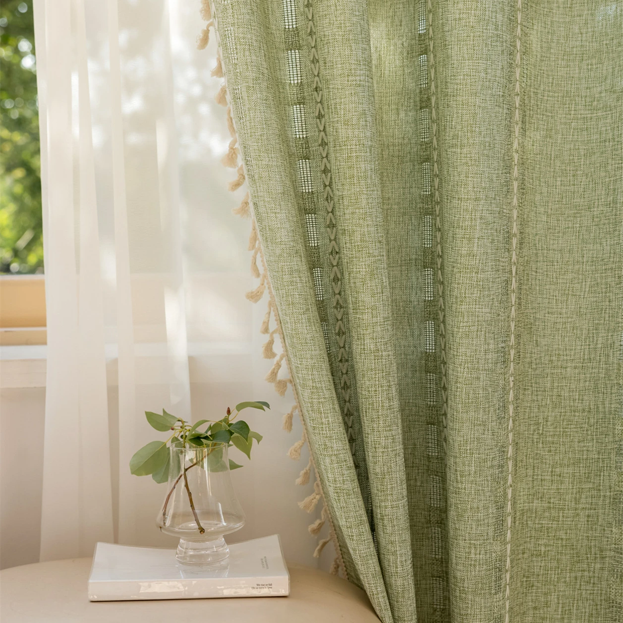 Green color semi-blackout hollowed-out jacquard curtains for living room home decor accessories