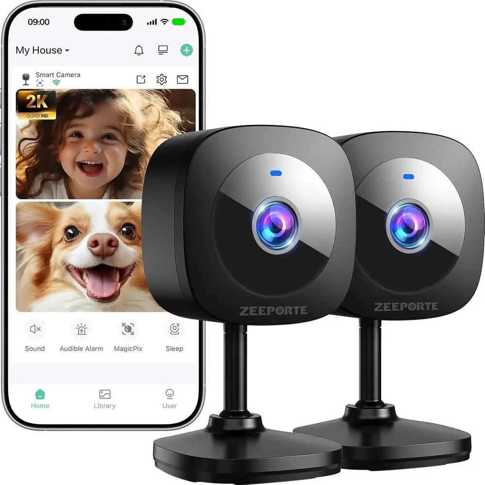 

Indoor Security Cameras with Motion Detection, 2-Way Audio, Night Vision, Siren - 2-Pack, Compatible with Alexa