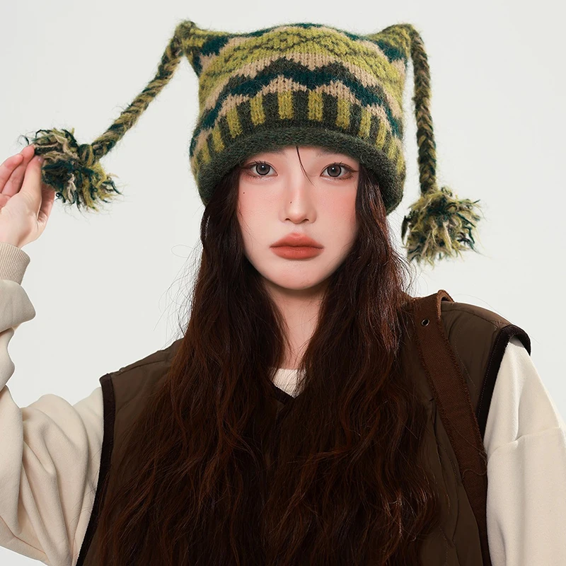 

New Korean Warm Knitted Hat Women Autumn Winter Retro Fair Isle Style Tassel Twist Braid Fun Casual Hats Fashionable Accessory