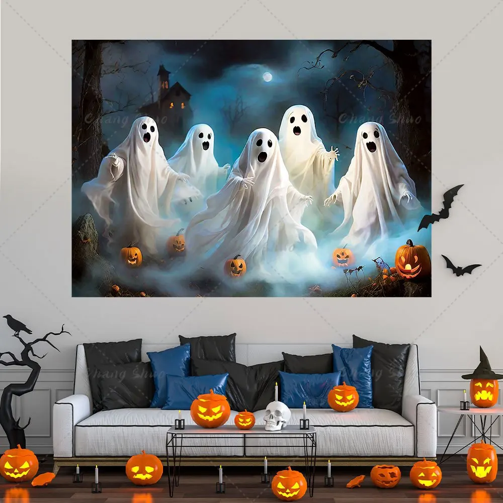 Laeacco Happy Halloween Festivals Pumpkin Lights Bat Outdoor Horrible Scenic Photographic Background Photo Backdrop Photo Studio