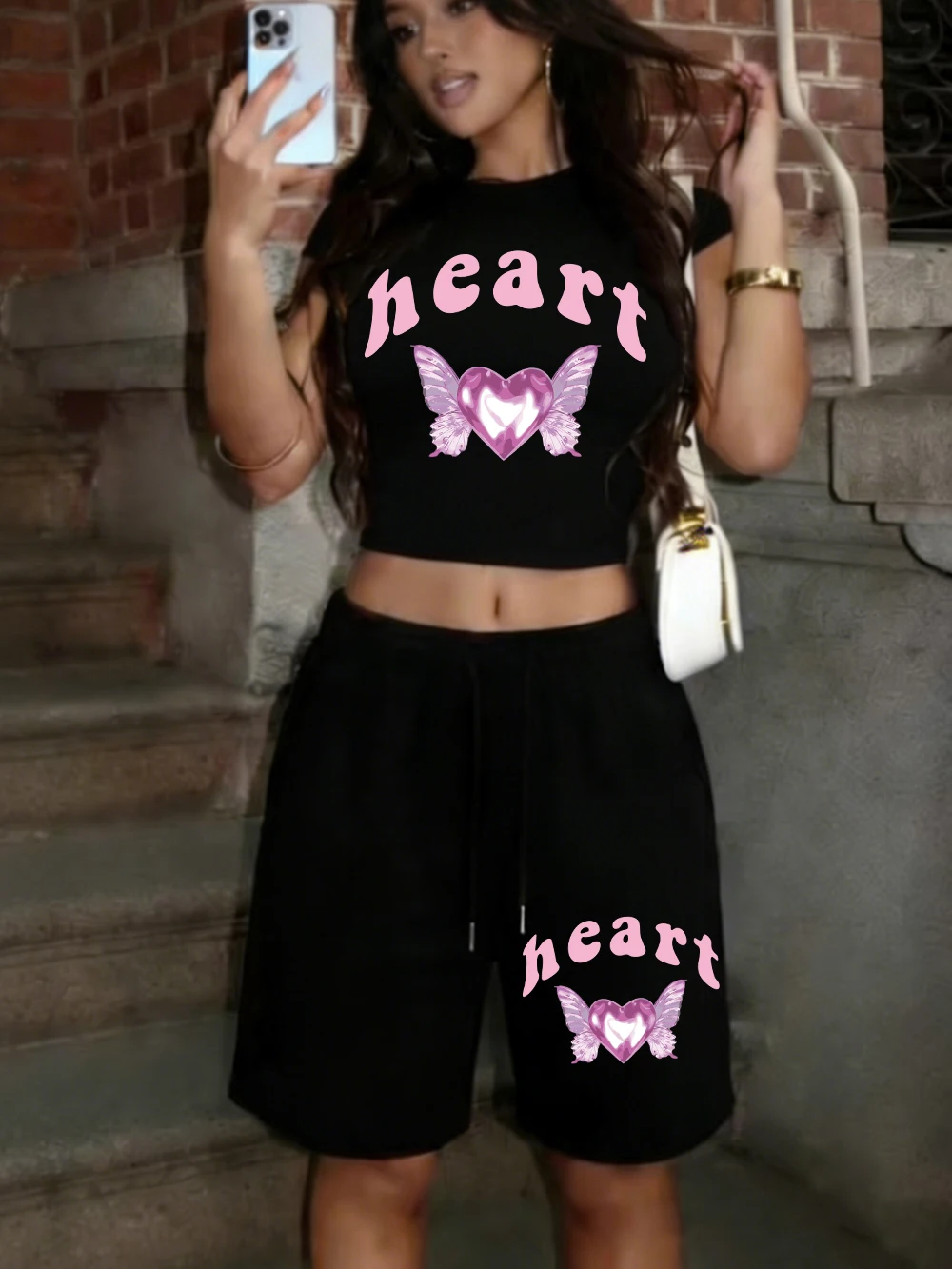 

Pink Diamond Heart Prints Crop Tops Shorts Casual Two Pieces Set T-Shirts Pants Summer Drawstring Oversized High Waisted Clothes