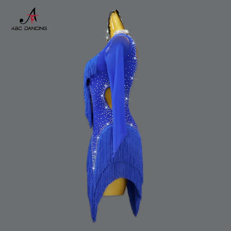 2023 Blue Latin Dance Competition Costume Ball Practice Wear Line Suit gonna corta Cabaret Plus Size abbigliamento donna Dress nappa Nuovi prodotti e serie Personalizzazione Avanzata Abbigliamento da Ballo FashionDance