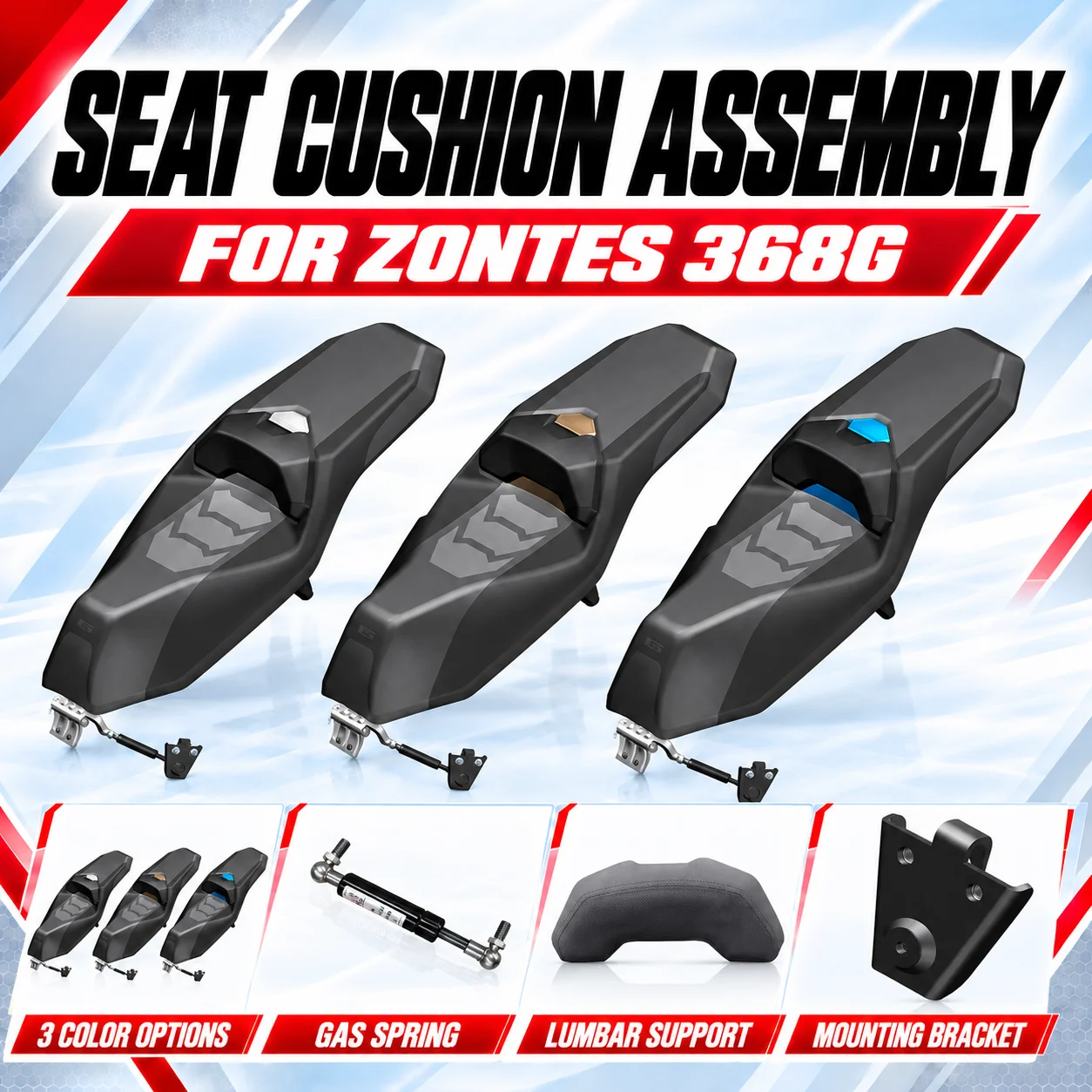 Complete seat base assembly, hinge bracket, backrest cover, and gas spring — for 2024 ZONTES 368G scooter