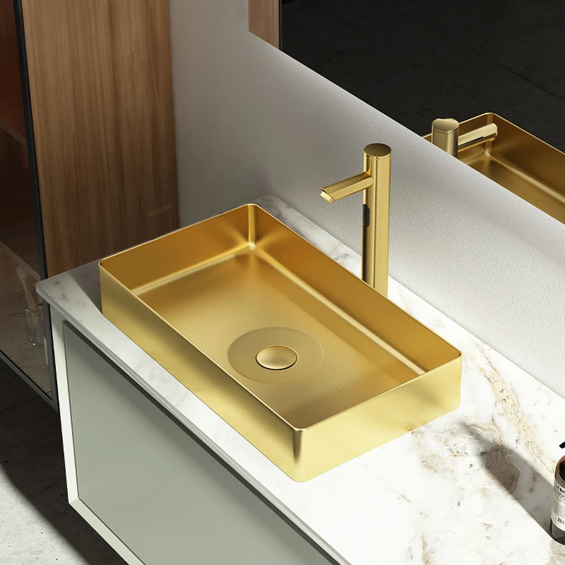 Hotel Golden Stainless Steel Wash Basin Art Desk Luxury Home Rectangle