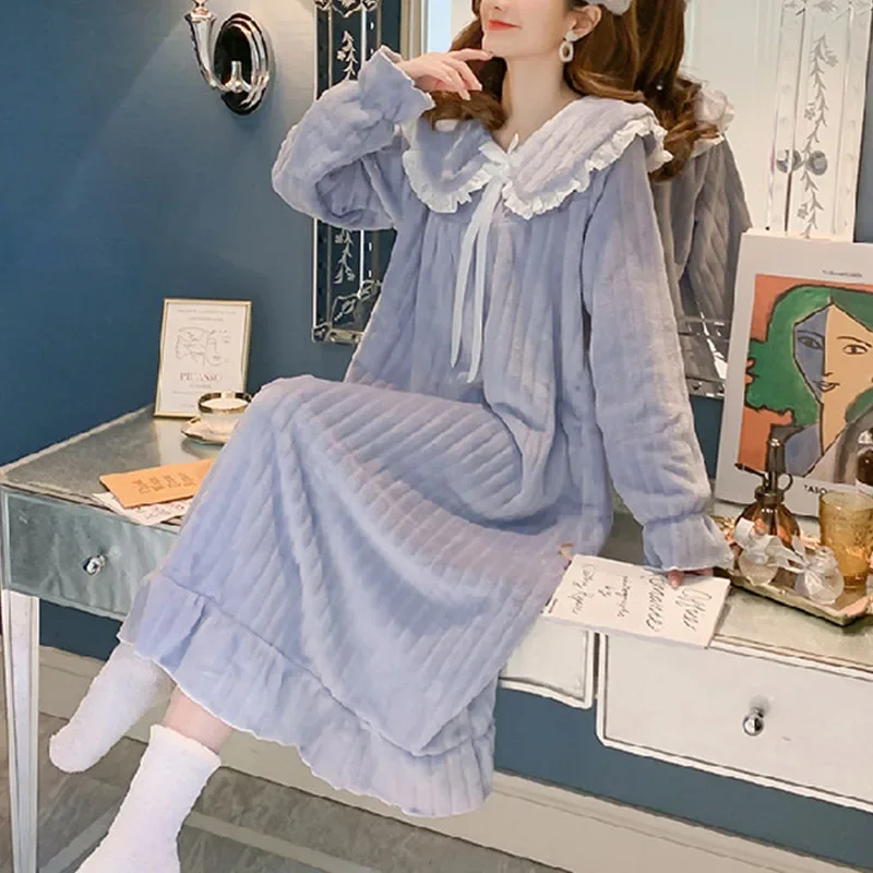 Women's Nightwear Flannel Thickened Warm Solid Colour Nightgown Doll Collar Student Coral Velvet Ruffle Dress Ladies Sleepwear