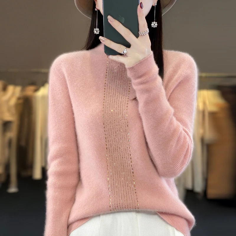 Spring and Autumn New 100% Wool Sweater Women\'s Knitted Half High Collar Hoodie Slim Fit Fashion First Line Hot Stamped Tops