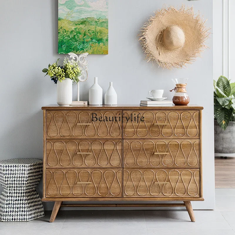 

yj5European-Style Retro Country Solid Wood Distressed Carved Chest of Drawers Side Cabinet