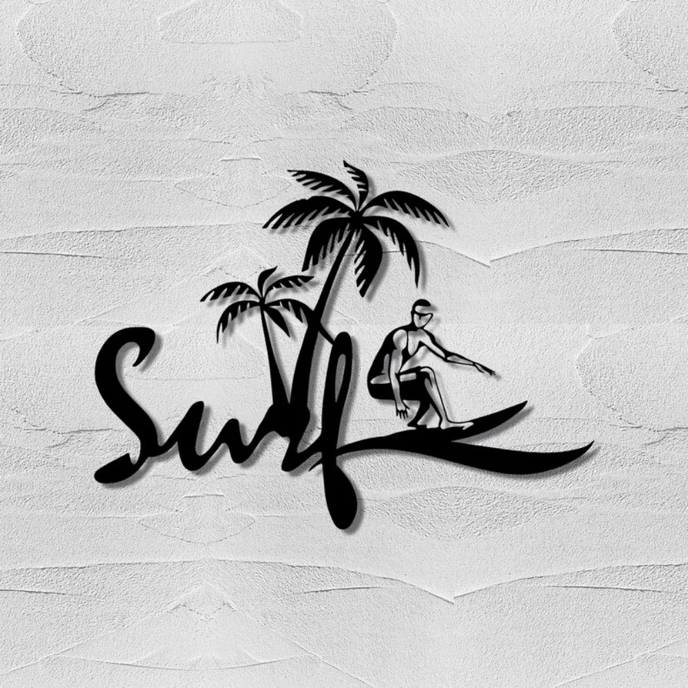 CIFBUY Wrought Iron Surf Palm Tree Wall Art, Metal Surfboard Silhouette Decor, Black Cutout Beach House Living Room Patio Coasta