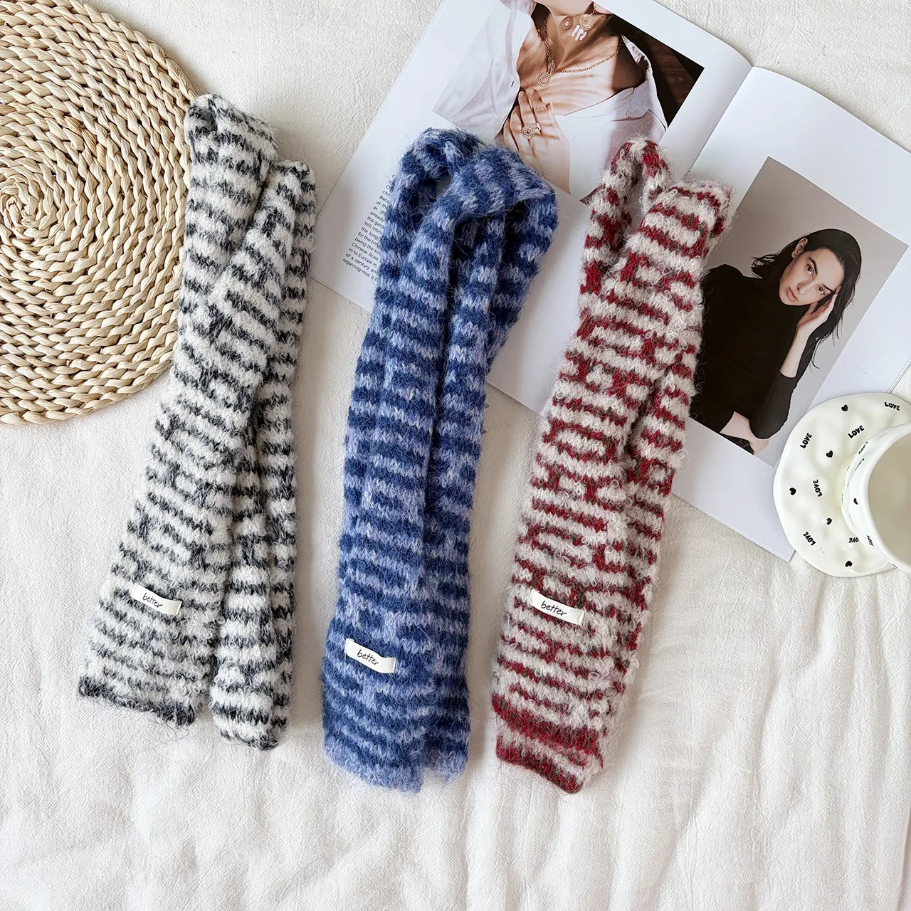 Koreanische Mode Kontrast-Streifen Plüsch-Strickschals für Damen Herbst Winter Reise Warm Vielseitig Schmaler Schal – Detail 12