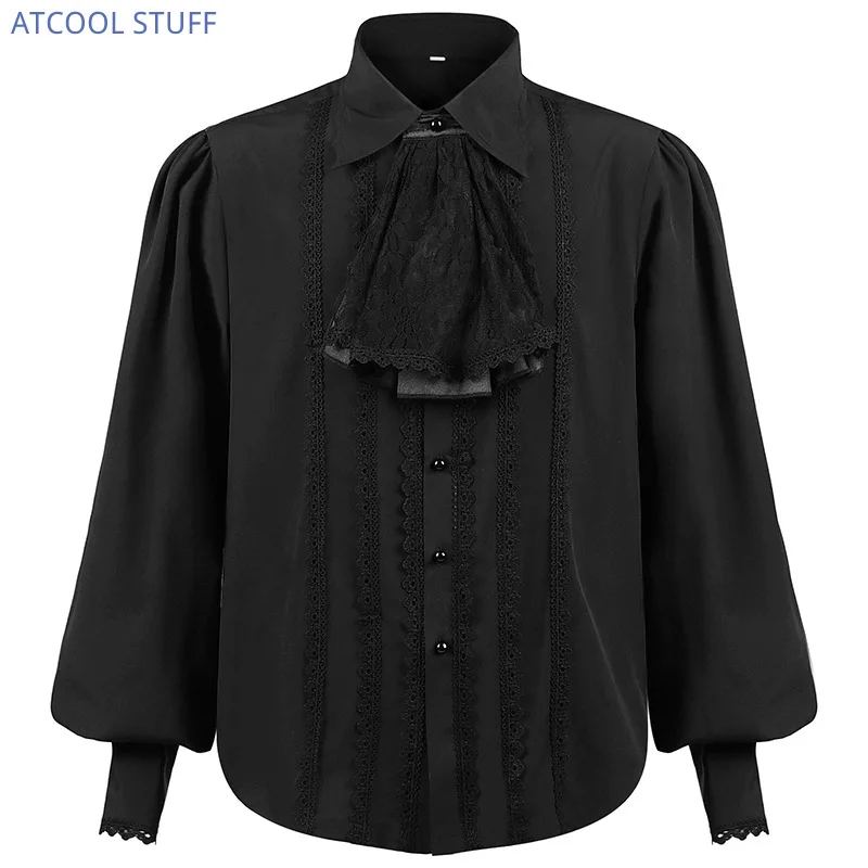 Men\'s Vintage Priest Black Shirt Medieval Pastor Costume Long Bandage Sleeve Ruched Victorian Top Gothic Steampunk Devil Cosplay