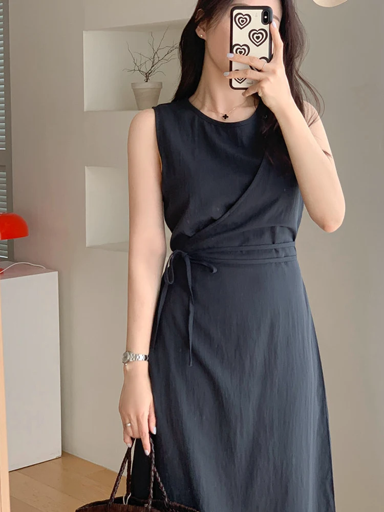 Vestido e sin mangas con cuello redondo y cintura ceñida para mujer, vestido largo de verano de cintura alta, corte en...