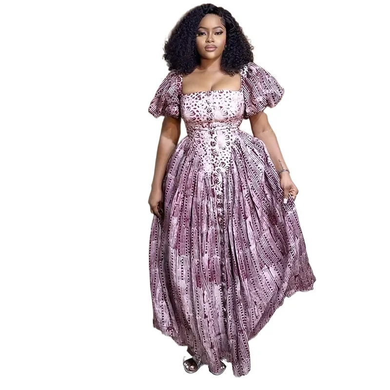 

2025 Elegant Women Puff Short Sleeve Ruched Strapless Print Long Dress Vacation Beach Party Evening Big Swing Dresses