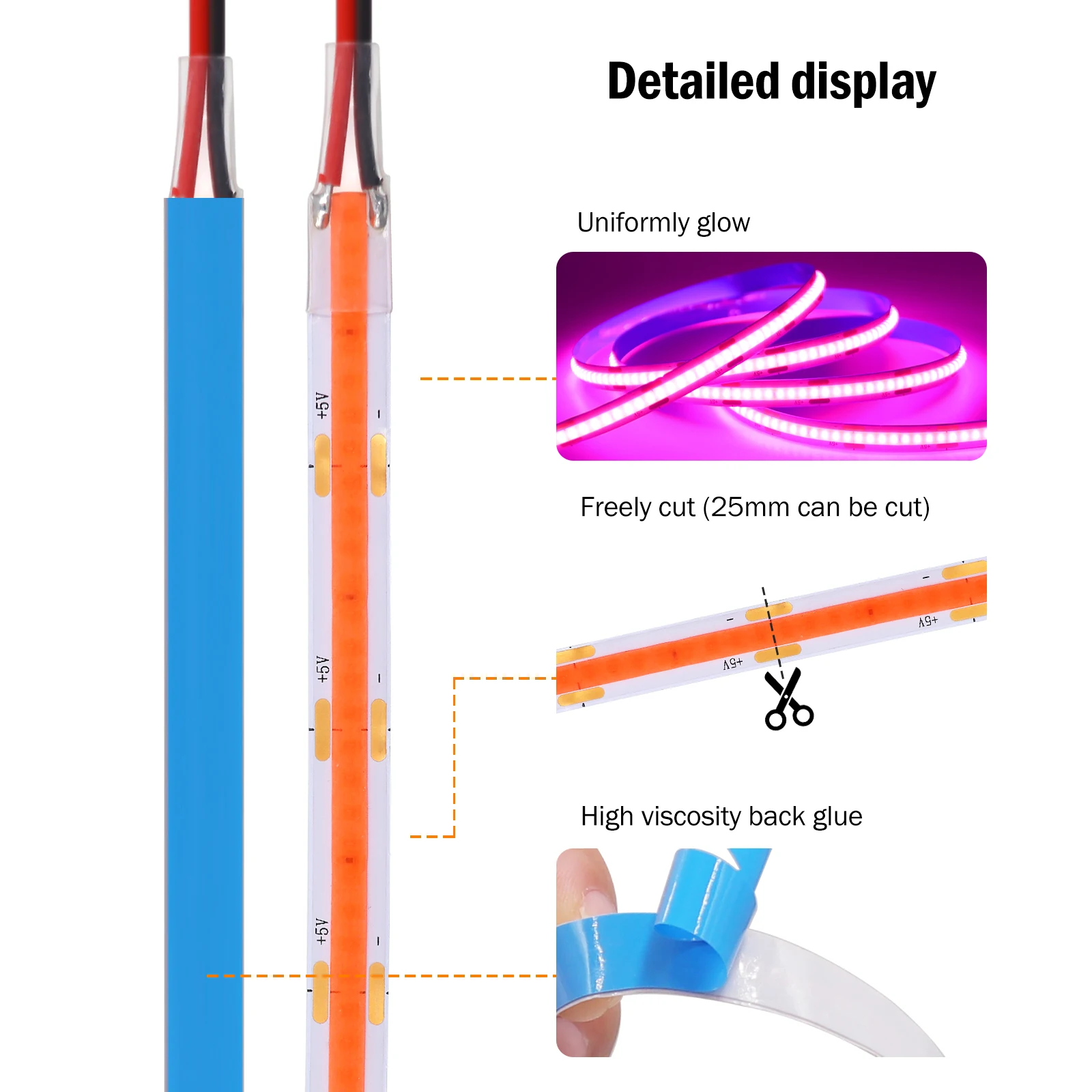 DC 5V USB COB LED Strip Lights 320LEDs/m 2Pin Wire/Touch Sensor/Hand Sweep Dimming Flexible Ribbon Tape DIY Night TV Backlights