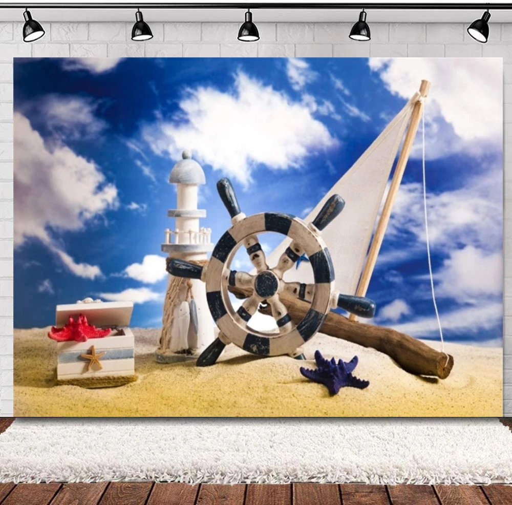 Fondo de fotografía náutica de playa y mar para niños, faro, rueda, timón, estrella de mar, fiesta temática marina, foto de bebé, verano