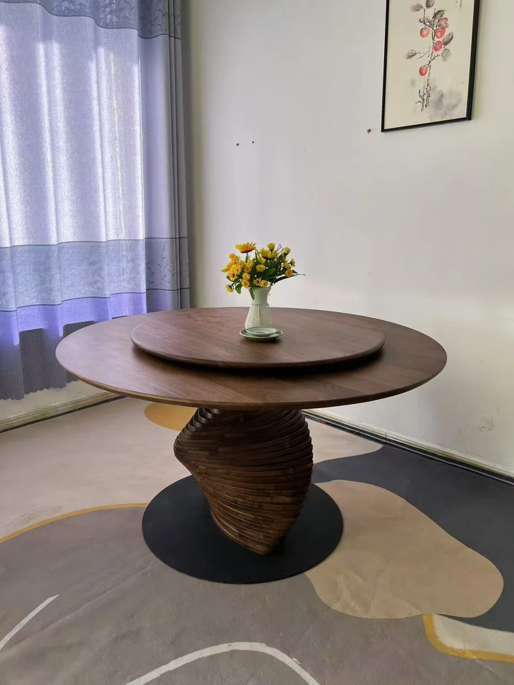 New Arrival 2026 Custom Solid Walnut Round Dining Table Interchangeable Spiral, Column & Tapered Wood Base
