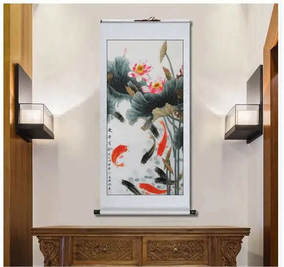 TOP business gift  Home office Vestibule WALL Decorative art 9 fishes Money Drawing GOOD Luck Mascot FENG SHUI ART painting