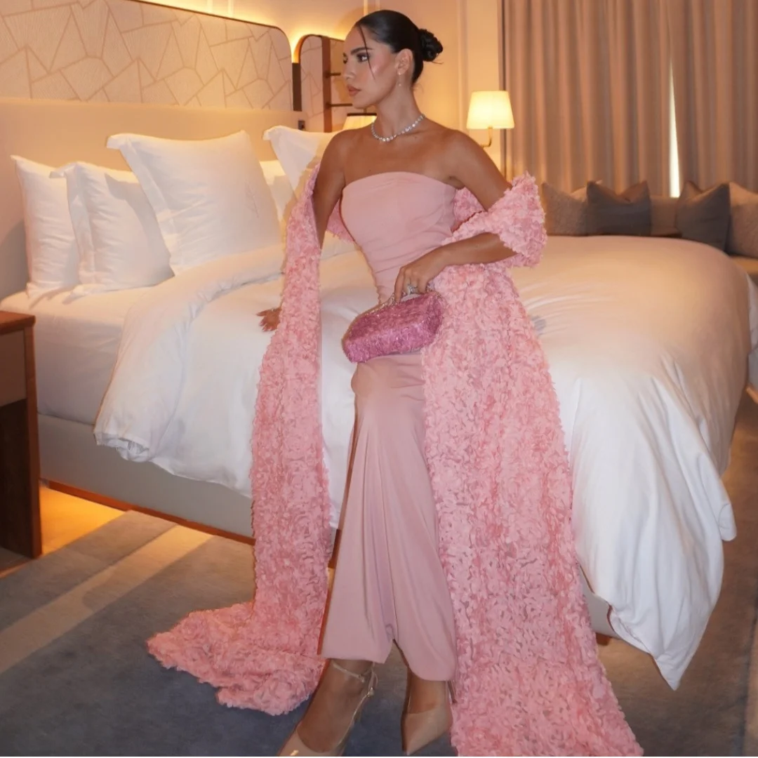 

Pink Strapless Evening Dresses with Floral Wrap Wedding Party Dress Customized Arabic Long Prom Gown Formal Vestidos