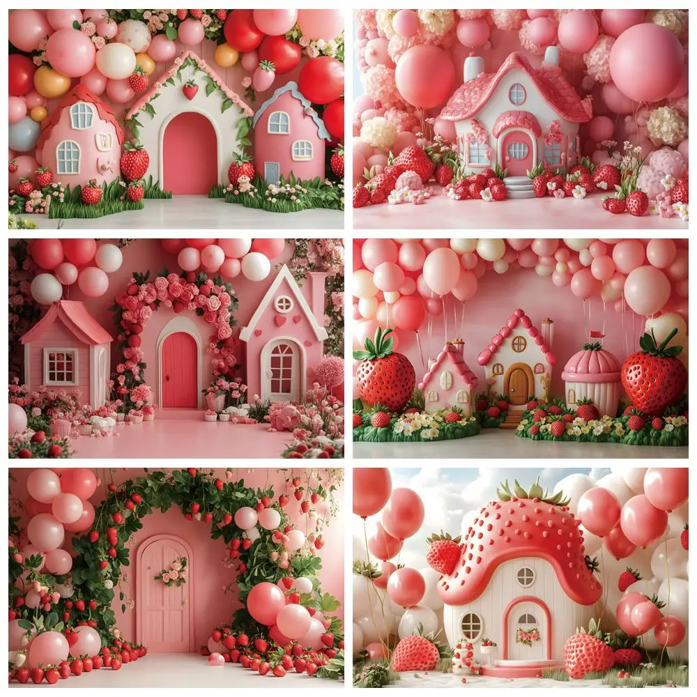 Red Strawberry Berry House Balloon Arch Backdrop Girls Baby Shower Birthday Party Cake Smash Photography Background Photo Studio