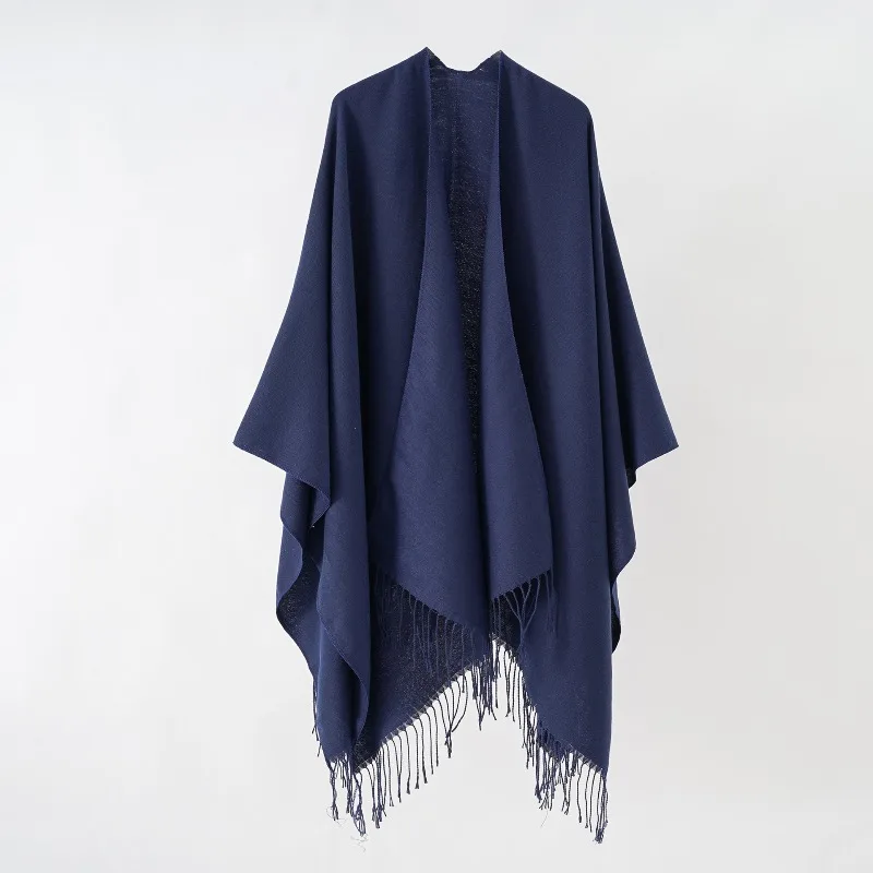 Solid Cashmere Fringe Poncho Warm Soft Cape for Winter Office Travel Evening Wrap