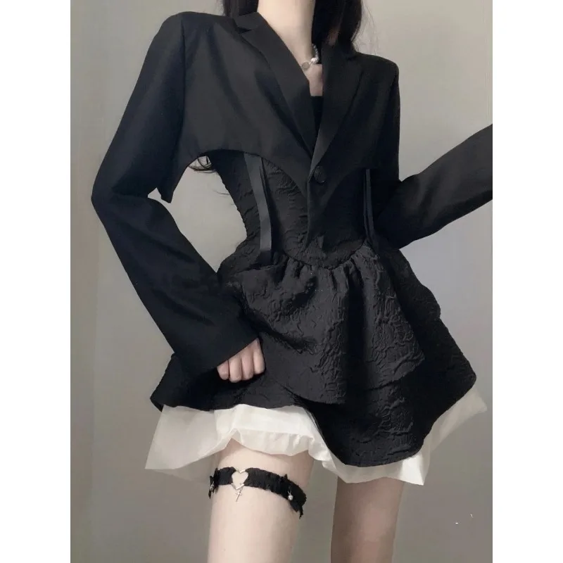 Spicy Girl Bow Strap Cake Dress Coat Two Piece Set Women Fashion Korean Lace Up Solid Slim Fashion Chic Banquet Ceremonial Dress