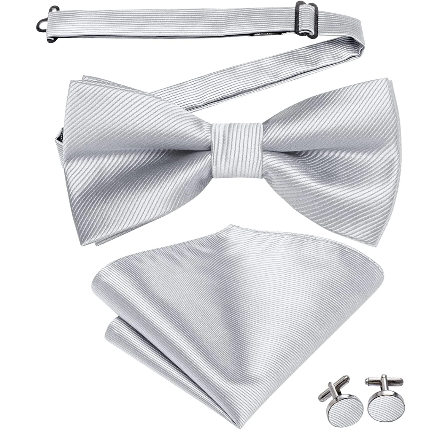 

Hi-Tie Silver Silk Mens Bow Tie Pocket Square Cufflinks Set Pre-tied Solid Butterfly Knot Bowtie for Male Wedding Business Party