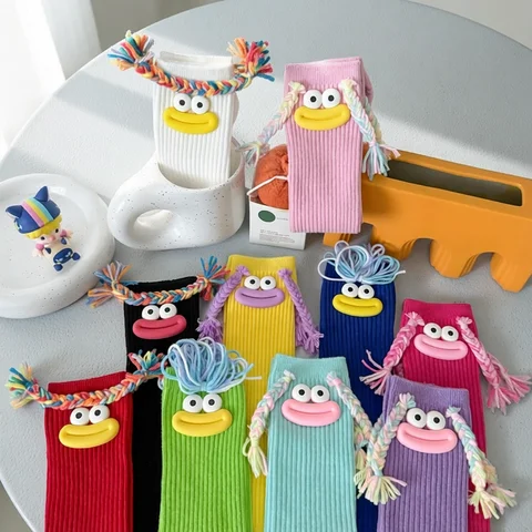 Woman Mid Length Kawaii Cartoon Colorful Sock Girl Big Mouth Braids Funny Cotton Long Socks Female Cute Over Knee High Stockings