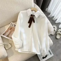 Women Spring Autumn Simplicity Office Lady Solid Color Polo Collar Long Sleeve Shirts Ladies Fashion Bow All-match Trend Tops